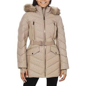 NEW MICHAEL KORS logo leopard belted hood puffer coat in taupe